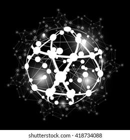 Global Network On Black Background - Vector Illustration, Graphic Design. Point And Curve Constructed The Sphere  