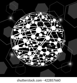 Global Network On Black Background - Vector Illustration, Graphic Design. Point And Curve Constructed The Sphere