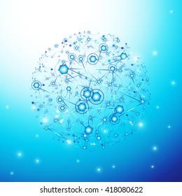 Global Network On Blue Background - Vector Illustration, Graphic Design. Point And Curve Constructed The Sphere 