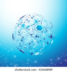 Global Network On Blue Background - Vector Illustration, Graphic Design. Point And Curve Constructed The Sphere