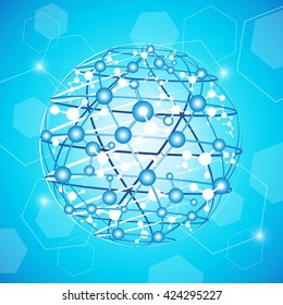 Global Network On Blue Background - Vector Illustration, Graphic Design. Point And Curve Constructed The Sphere 