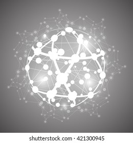 Global Network On Gray Background - Vector Illustration, Graphic Design. Point And Curve Constructed The Sphere