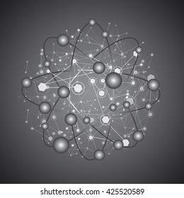 Global Network On Gray Background - Vector Illustration, Graphic Design. Point And Curve Constructed The Sphere
