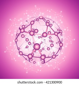 Global Network On Pink Background - Vector Illustration, Graphic Design. Point And Curve Constructed The Sphere