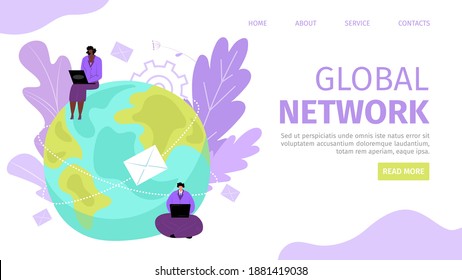 Red global para la conexión de personas en la ilustración vectorial de concepto de internet. Tecnología de comunicación digital, conéctese en línea en medios sociales móviles. Sistema de negocios web en todo el mundo.