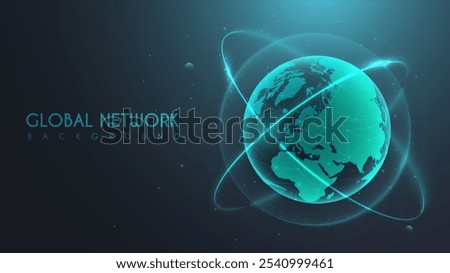 Global network poster. International communication and interaction. Futuristic planet Earth. Social media and messengers. Landing webpage design. Neon vector illustration