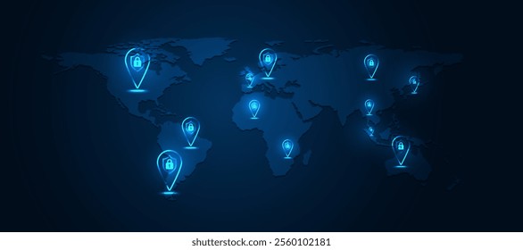 Global network security concept. Abstract map of the world with multiple security padlock icons,Cyber ​​Secure Location GPS