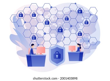 Global network security. Cyber security. Data protection. Tiny people protection of computer services and electronic information. Digital access and online safety. Modern flat cartoon style. Vector 