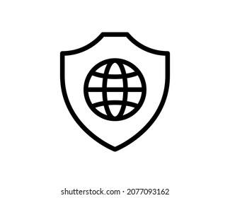 Symbol für die globale Netzwerksicherheit. Weltschutz-Linearzeichen für mobiles Konzept und Web-Design. Globe und Schild Umriss Vektorsymbol. Symbol, Logo-Abbildung. Vektorgrafiken.