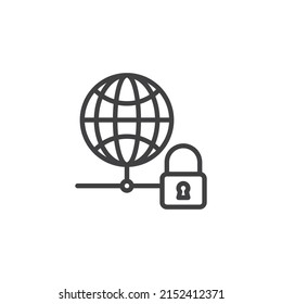 Icono de línea de seguridad de red global. signo de estilo lineal para concepto móvil y diseño web. Icono de vector de contorno de globo y bloqueo. Símbolo, ilustración del logotipo. Gráficos vectoriales