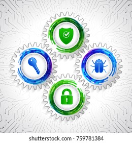 Global network security on the circuit grey background. Digital technology protection concept. Abstract safety mechanism which is made of gears, icons key, shield, hacker bug and padlock.