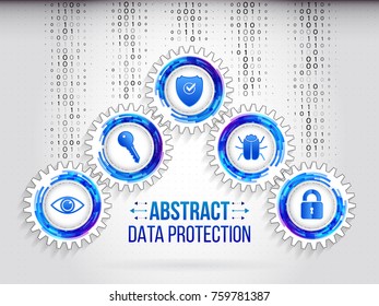 Global network security on the grey background. Digital technology protection concept. Abstract safety mechanism which is made of gears, icons eye, key, shield, hacker bug and padlock.