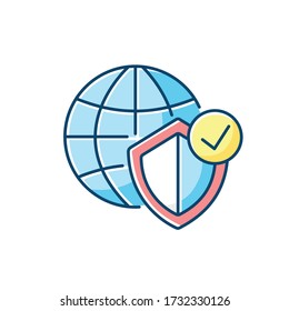 Global network security RGB color icon. Internet protection technology. Digital data encryption. World globe and shield. Isolated vector illustration