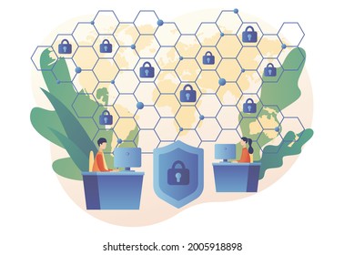 Global Network Security. Tiny People Protection Of Computer Services And Electronic Information. Cyber Security. Data Protection. Digital Access And Online Safety. Modern Flat Cartoon Style. Vector 