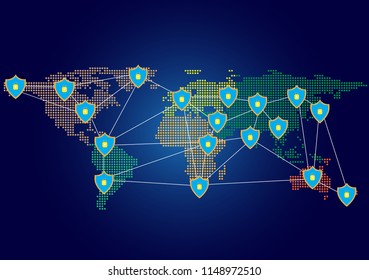 Global network security. World map cyber security concept. Vector illustration EPS10.