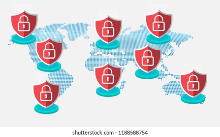 Global network security, World map Vector. Closed Padlock on digital background, cyber security