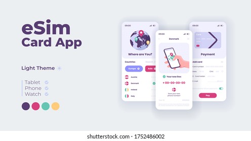 Global network services cartoon smartphone interface vector templates set. Mobile app screen page day mode design. Esim card UI for application. Wireless connection. Phone display with flat character