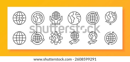 Global network set icon. Outline icons show Earth, planet grid, globe in hands, gear with continents, rotation arrows, and simplified world map in flat black linear style.