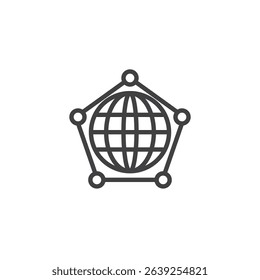 Global network shield line icon combining a globe with a shield. Outline vector icon representing global security. Digital communication icon symbol.