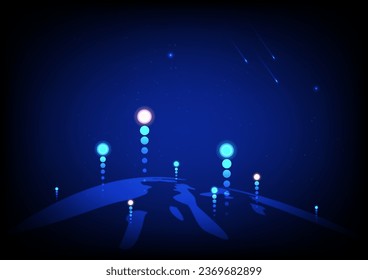 Globaler Netzwerkraum. Weltkarte, internationale Bedeutung. Blauer futuristischer Hintergrund mit dem Planeten Erde. Internet und Technologie. Blau-Plexus-geometrischer und Sternhintergrund.