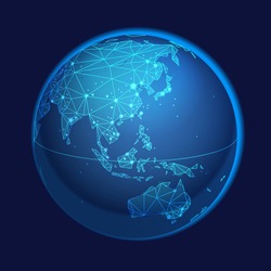 Global Network System Concept Illustration. China, Eastern Asia, Australia Centered Map. Blue Planet Sphere Icon On A Dark Background. Vector Illustration.