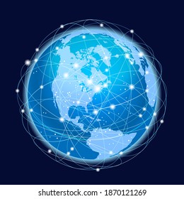 Global Network System Concept Illustration. North America Centered Map. Blue Planet Sphere Icon On A Dark Background. Vector Illustration.