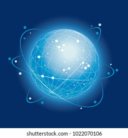 Global network system icon on a dark blue background, vector illustration.