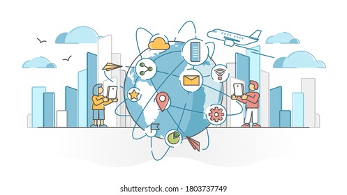 La red mundial como comunicación tecnológica en todo el mundo esboza el concepto. Transferencia rápida de datos de información mediante señal de Internet y satélite desde el teléfono al servidor, nube e ilustración de vector de usuario.