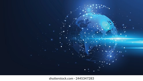 Global network technology background.World image on dark blue background.Communication technology for business.Futuristic globalization modern.3D vector illustration.	