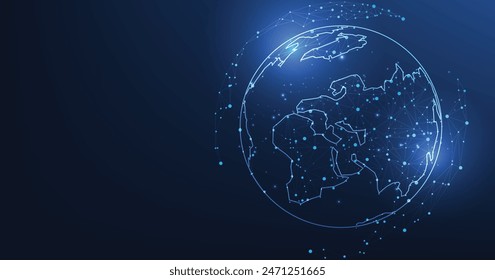 Global network technology background.World image on dark blue background.Communication technology for business.Futuristic globalization modern.3D vector illustration.	