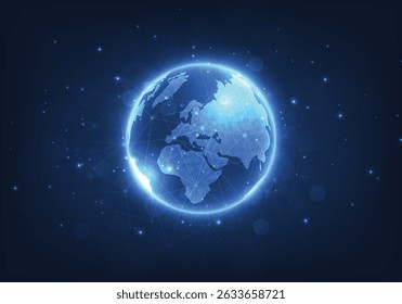 Global network technology background.World image on dark blue background.Communication technology for business.Futuristic globalization modern.3D vector illustration.	