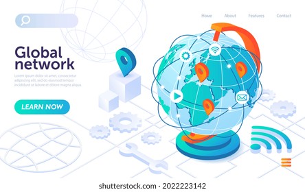 Global network technology with big globe on white background with icons. World internet connection or social media. Website, web page, landing page template. Isometric cartoon vector illustration