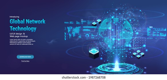 Tecnología de red global de estilo futurista con holograma Earth Globe, interfaz de interfaz de usuario HUD y objetos 3D. Conexión a internet mundial o concepto de comunicación en línea de medios sociales. Bandera de vectores