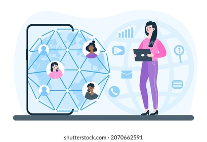 Global Network Technology. Woman Stands Next To Large Smartphone And Analyzes Online Communication Methods. Social Network For Exchanging Information. World Internet. Cartoon Flat Vector Illustration