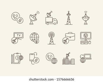 Conjunto de iconos de línea delgada de red global. Paquete de signos aislado de conexión inalámbrica, global, broadcast. Concepto de servicios de comunicación. Elementos de símbolo de ilustración vectorial para diseño web y aplicaciones.