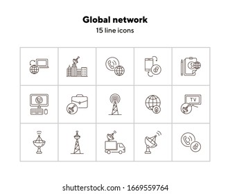 Global network thin line icon set. Globe, broadcast, wireless connection isolated sign pack. Communication services concept. Vector illustration symbol elements for web design and apps.