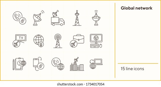 Global network thin line icon set. Globe, broadcast, wireless connection isolated sign pack. Communication services concept. Vector illustration symbol elements for web design and apps.