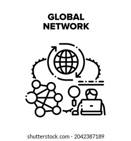 Global Network Vector Icon Concept. Global Network Internet Communication Technology, World Digital System For Online Communicate. Worldwide Telecommunication And Internet Connect Black Illustration