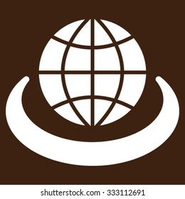 Global Network vector icon. Style is flat symbol, white color, rounded angles, brown background.