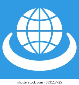 Global Network vector icon. Style is flat symbol, white color, rounded angles, blue background.