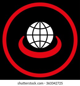 Global Network vector icon. Style is bicolor flat circled symbol, red and white colors, rounded angles, black background.
