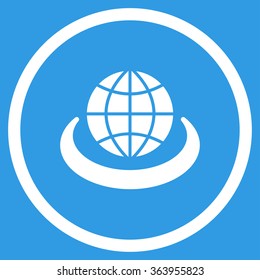 Global Network vector icon. Style is flat circled symbol, white color, rounded angles, blue background.