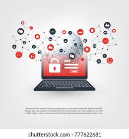 Global Network Vulnerability, Locked Device, Encrypted Files, Lost Documents, Ransomware, Virus, Malware, Fraud, Spam, Phishing, Email Scam, Hacker Attack - IT Security Concept, Vector illustration