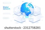 Global network white banner. Information exchange and internet, wireless connection and device synchronization. Cyberspace, digital world and metaverse. Isometric vector illustration