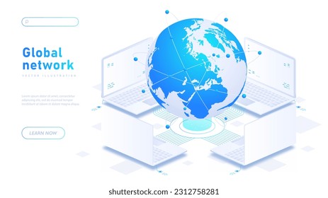 Banner blanco de la red global. Intercambio de información e Internet, conexión inalámbrica y sincronización de dispositivos. El ciberespacio, el mundo digital y el metaverso. Isometric vector ilustración