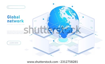 Global network white banner. Information exchange and internet, wireless connection and device synchronization. Cyberspace, digital world and metaverse. Isometric vector illustration