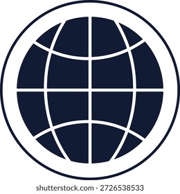Globales Netzwerk- und Weltkonnektivitätssymbol, dunkelblaue kreisförmige Globus-Vektorgrafik für internationale Geschäfts-, Kommunikations- und Geokonzepte.