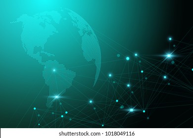Global network with world map. Abstract vector infinite space background. Perspective backdrop. Digital data visualization. Vector illustration