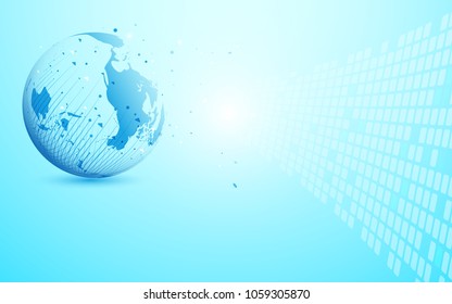 Global network with World map point and lines and triangles, point connecting network on blue background. Illustration vector