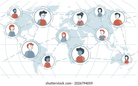 Global network (world wide web) between people of different nationalities, working together in a team. Linear icon business style. Flat, simple and informative. Diversity.